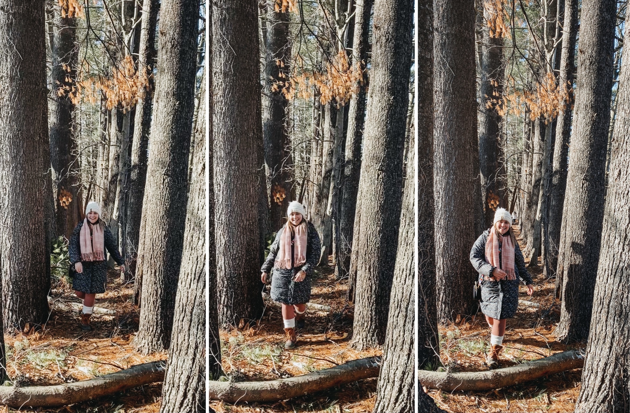 Three pictures are side by side. Each shows Alexandra is walking down a tree lined path. In each photo she gets closer to the camera. These photos represent her motivation to keep moving forward.