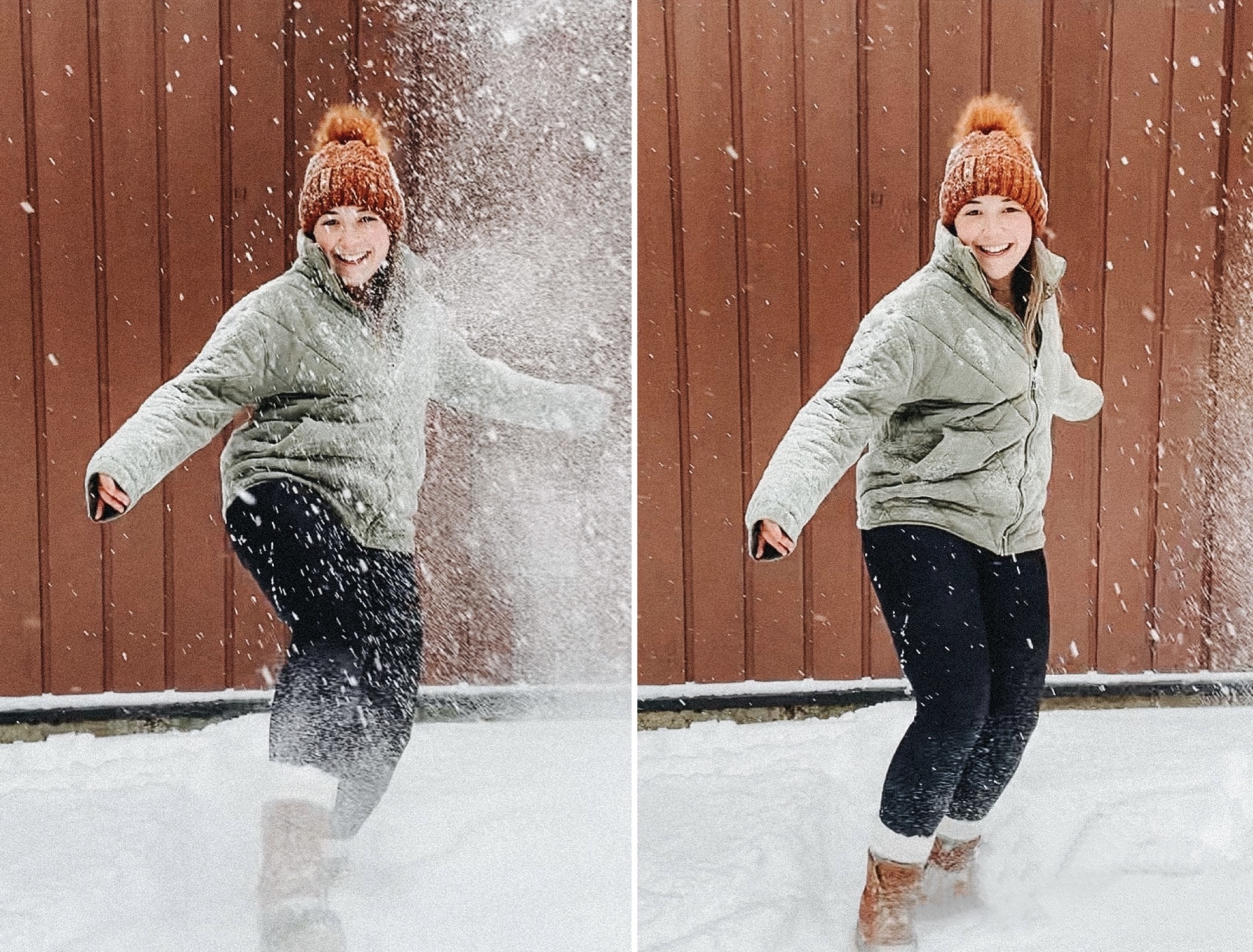 In this image there are two consecutive frames of Alexandra playing in the snow. She is carefree and joyful. Uninhibited by the stressors of diet culture, free to play and enjoy life.