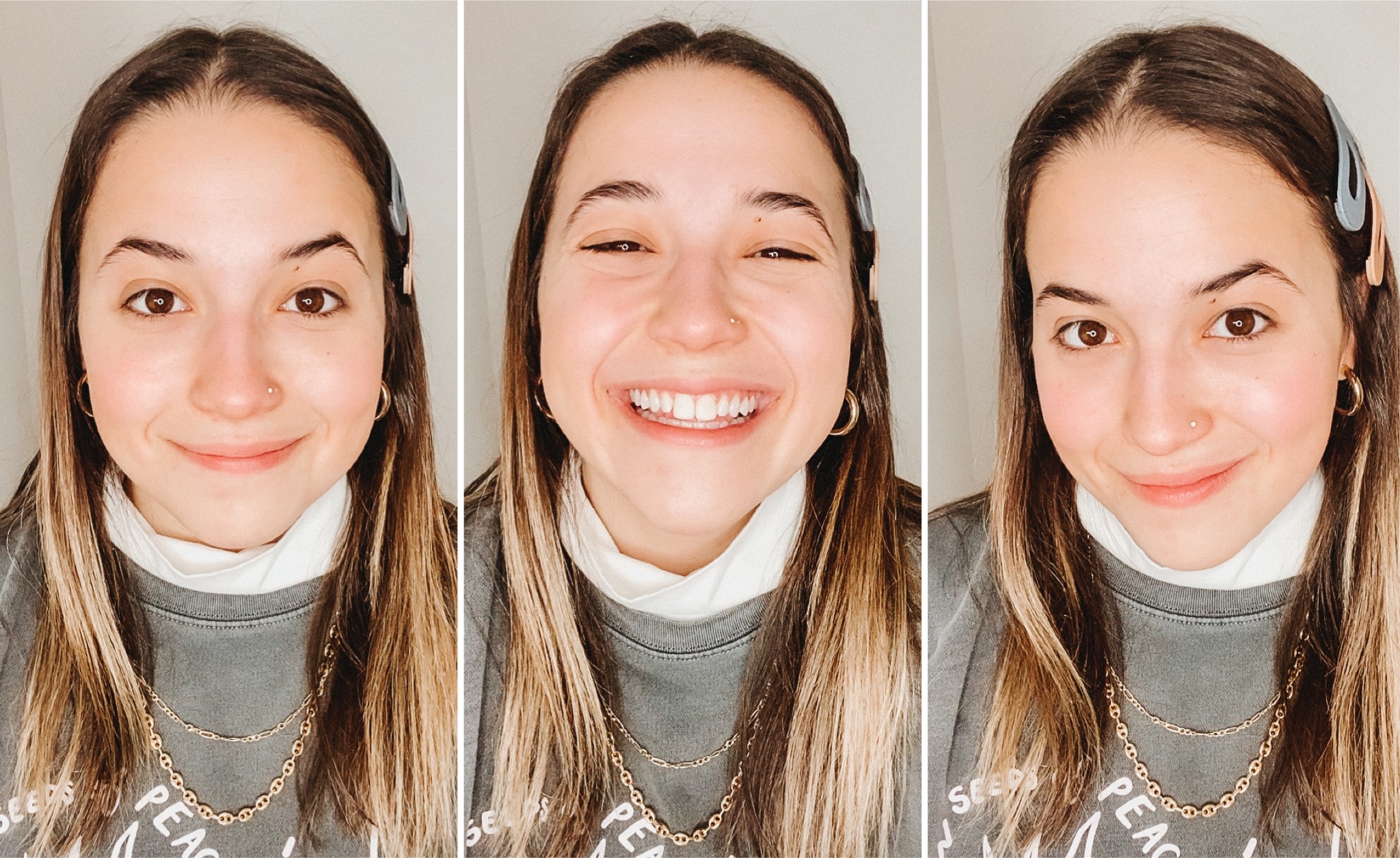 Three photos of Alexandra are side by side. The first she is somber, the second she is laughing, the third she is smirking. Together these three photos show someone who is comfortable and at home in her body.